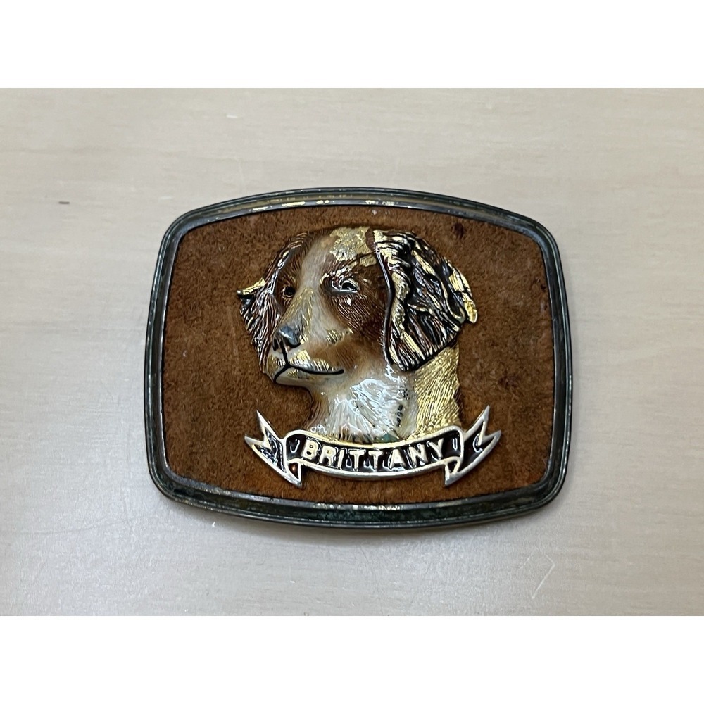 1979 Raintree Brittany Dog Belt Buckle Brown Enamel Hunting Dog Vintage